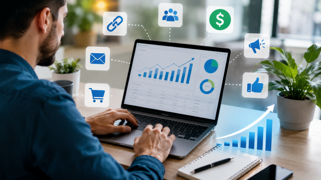 Persona analizando estadísticas de marketing de afiliados en un portátil para ganar dinero online con comisiones