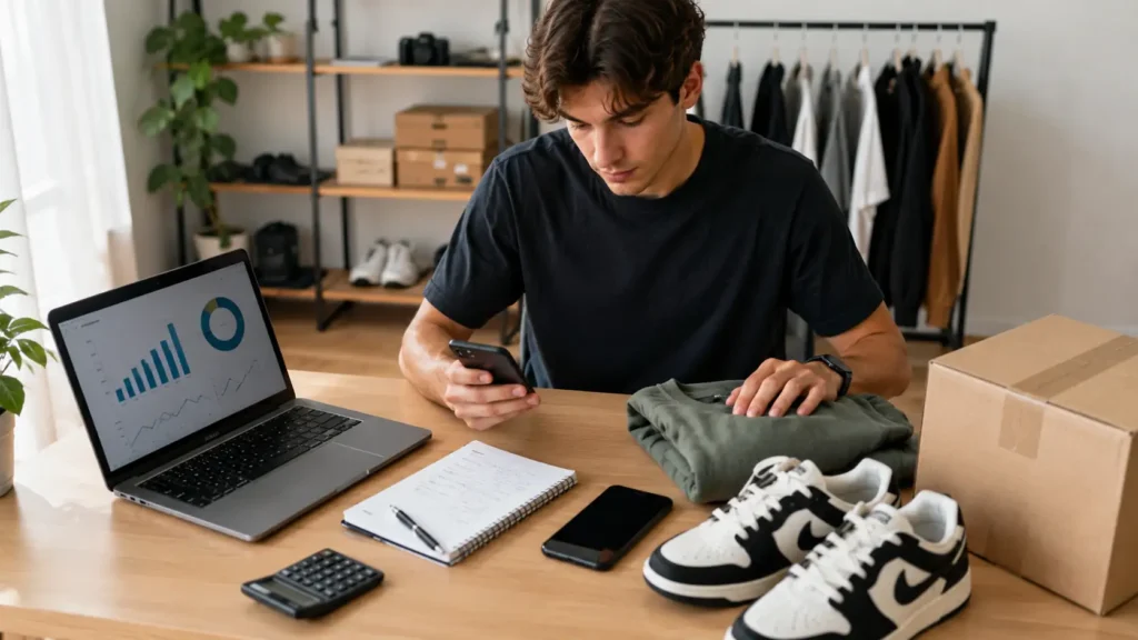 Joven preparando productos para reventa online de ropa, zapatillas y dispositivos electrónicos